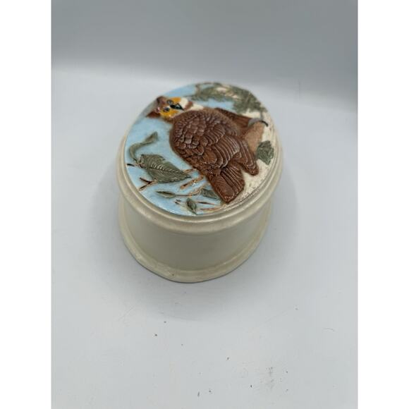 Vintage Embossed Owl Ceramic Trinket Box M.R. Signed Oval Nature Scene 8x5” - Picture 3 of 12